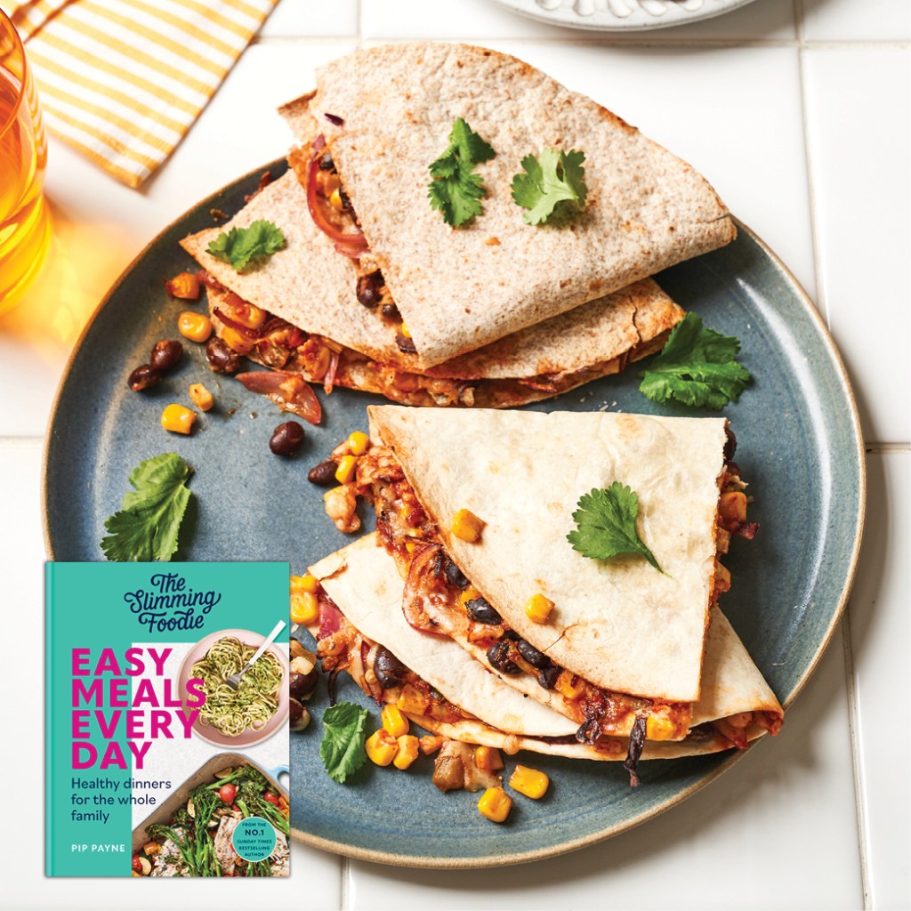 Black bean and corn loaded quesadillas on a plate